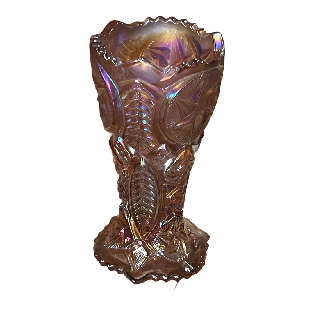 Pink Iridescent LE SMith Aztec Heritge Carnival Glass Vase