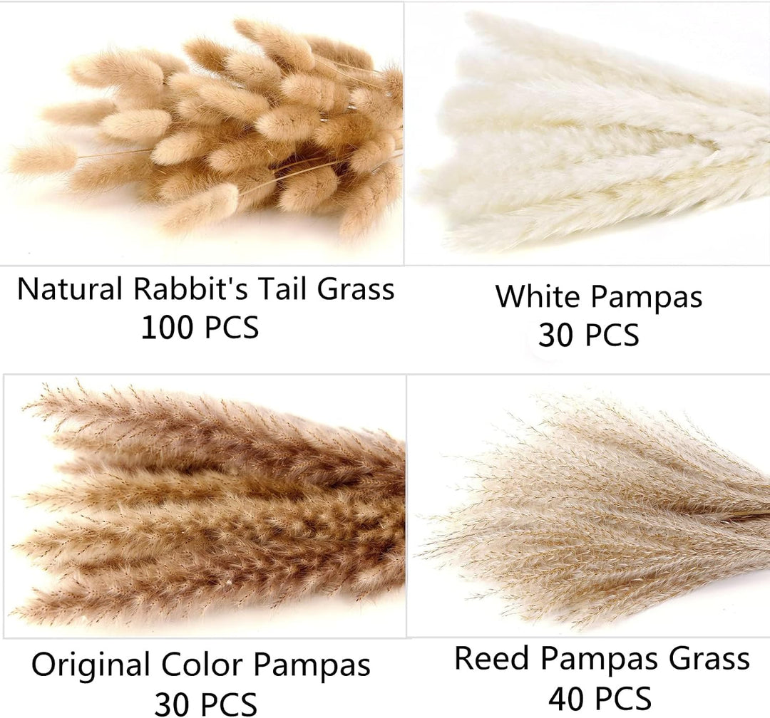 Natural Dried Pampas Grass Decor, 110 PCS Pampas Grass Contains White Bunny Tails Dried Flowers, Artificial Flowers for Bathroom Decor, Bathroom wall, Office Decor and Baby Shower Decorations