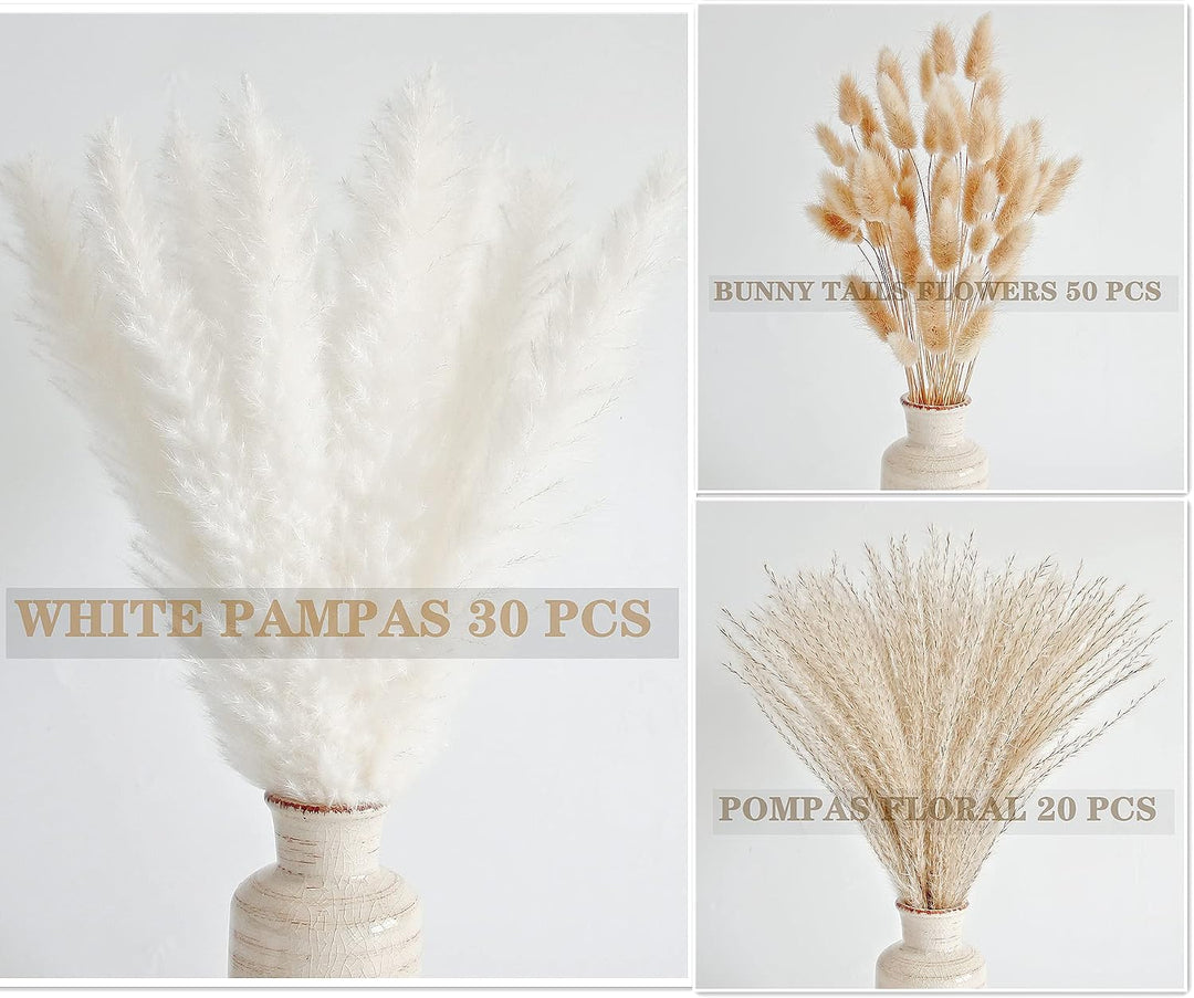 Natural Dried Pampas Grass Decor, 110 PCS Pampas Grass Contains White Bunny Tails Dried Flowers, Artificial Flowers for Bathroom Decor, Bathroom wall, Office Decor and Baby Shower Decorations
