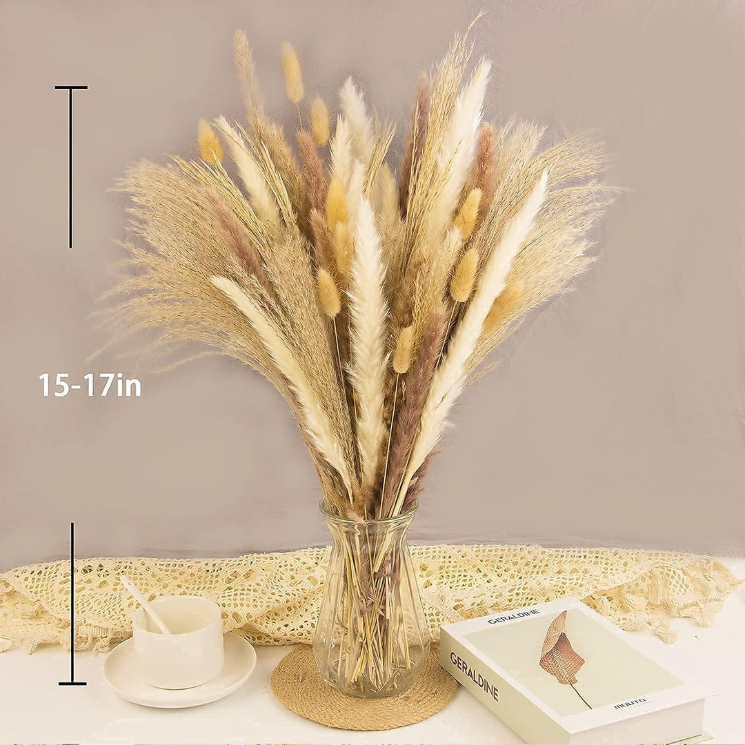 Natural Dried Pampas Grass Decor, 110 PCS Pampas Grass Contains White Bunny Tails Dried Flowers, Artificial Flowers for Bathroom Decor, Bathroom wall, Office Decor and Baby Shower Decorations