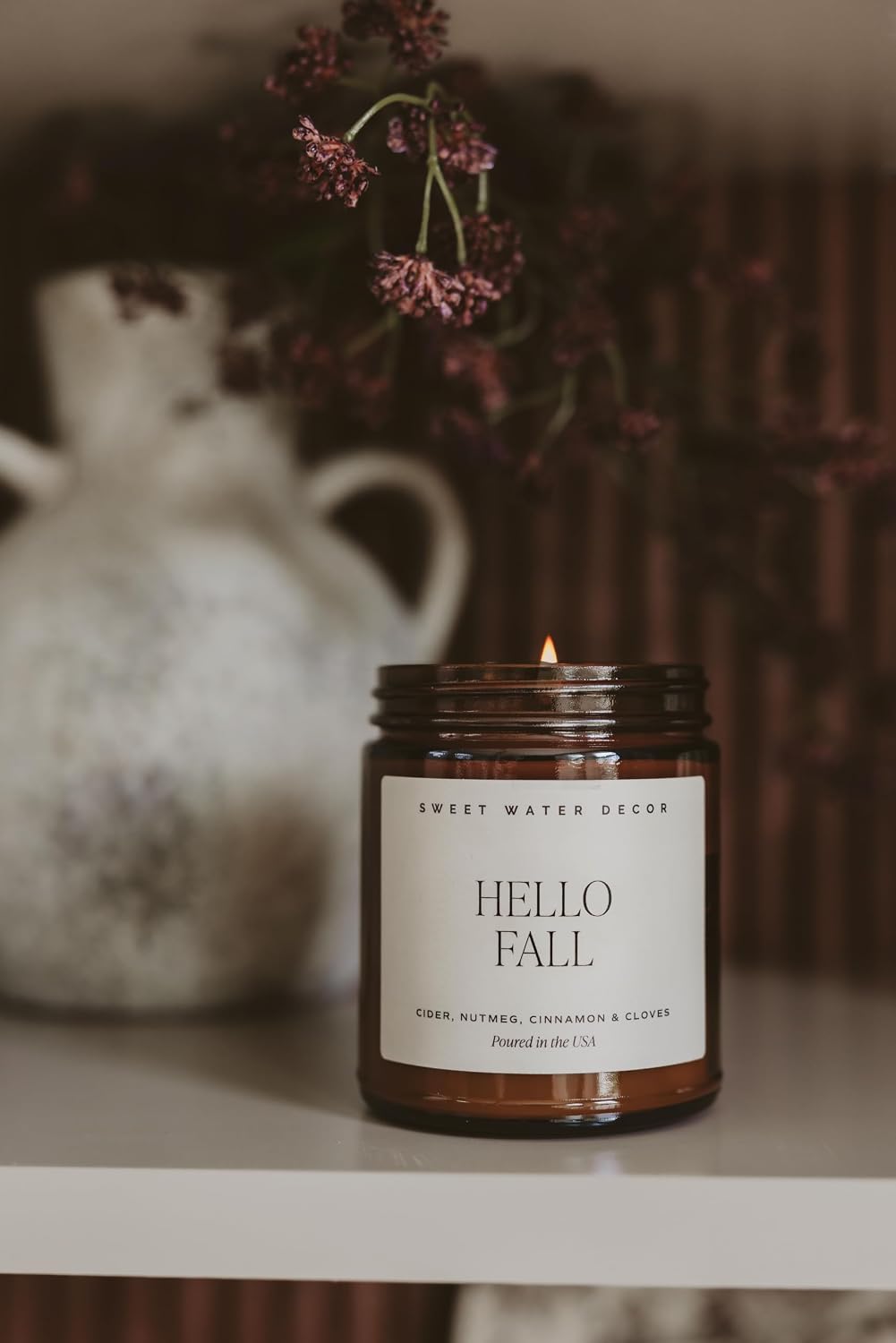Sweet Water Decor Hello Fall Candle, 9oz Amber Jar, Autumn Scents for Home