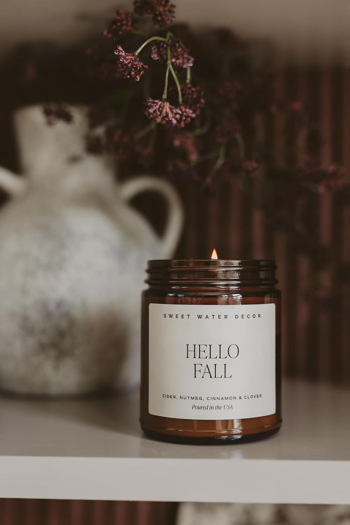 Sweet Water Decor Hello Fall Candle, 9oz Amber Jar, Autumn Scents for Home