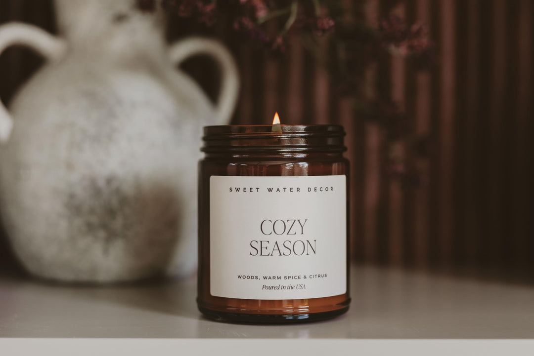 Sweet Water Decor Hello Fall Candle, 9oz Amber Jar, Autumn Scents for Home