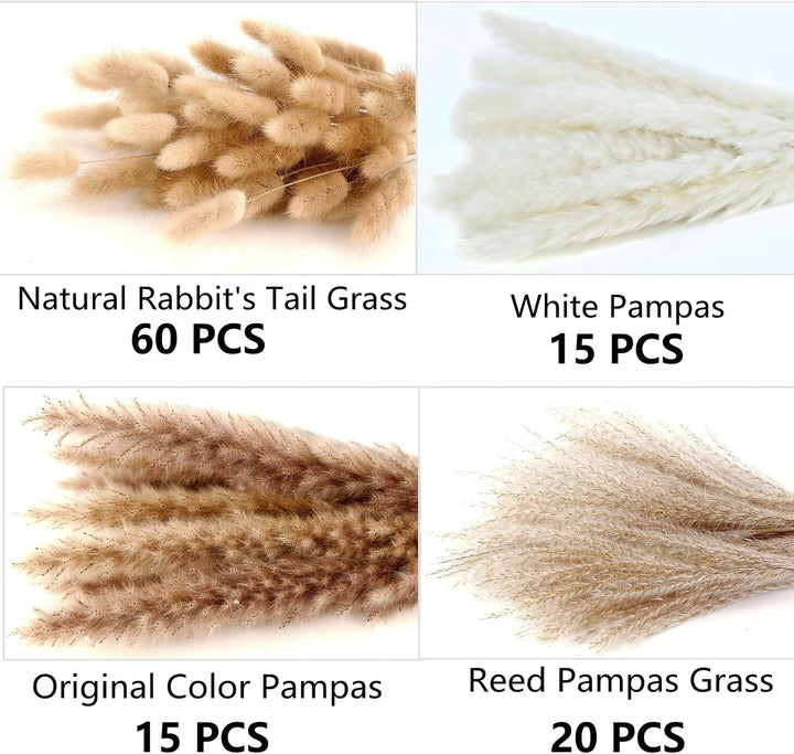 Natural Dried Pampas Grass Decor, 110 PCS Pampas Grass Contains White Bunny Tails Dried Flowers, Artificial Flowers for Bathroom Decor, Bathroom wall, Office Decor and Baby Shower Decorations