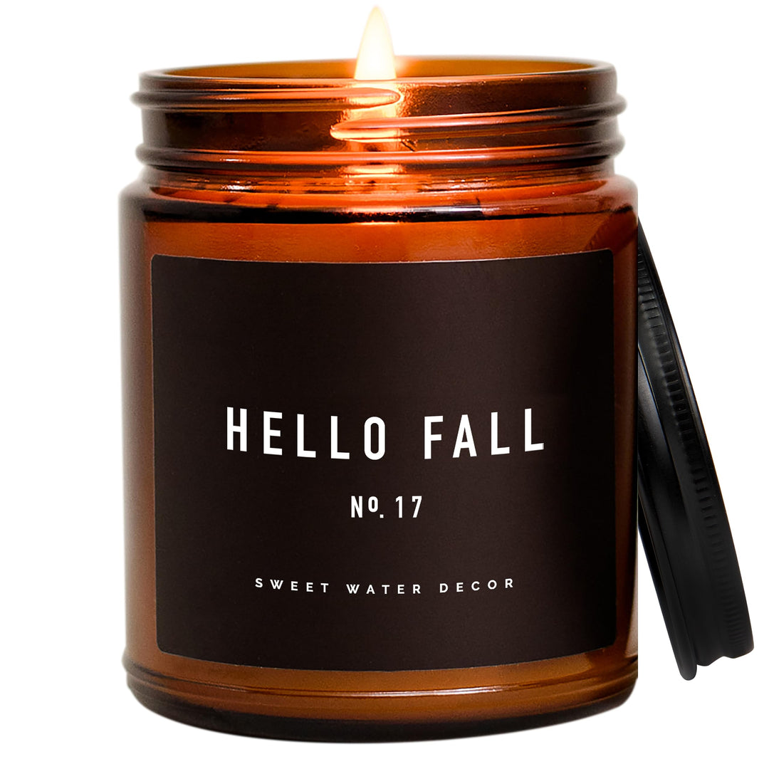 Sweet Water Decor Hello Fall Candle, 9oz Amber Jar, Autumn Scents for Home