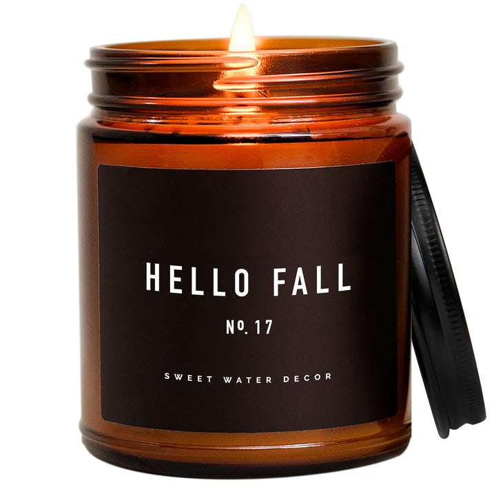 Sweet Water Decor Hello Fall Candle, 9oz Amber Jar, Autumn Scents for Home