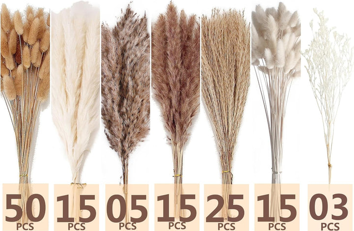 Natural Dried Pampas Grass Decor, 110 PCS Pampas Grass Contains White Bunny Tails Dried Flowers, Artificial Flowers for Bathroom Decor, Bathroom wall, Office Decor and Baby Shower Decorations
