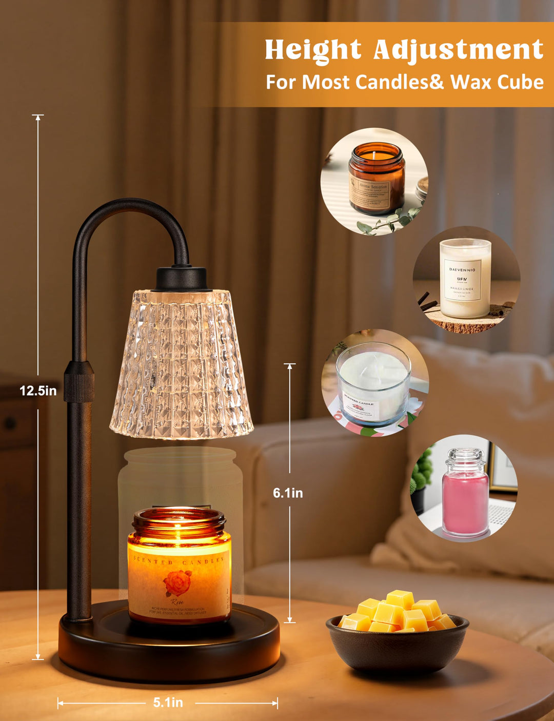 Rustic Candle Warmer Lamp with Timer, Dimmable Candle Warmer for Jar Candles, Height Adjustable Wax Melts Warmer, Birthday Gifts for Women Mom, House Warming Gifts New Home Decor
