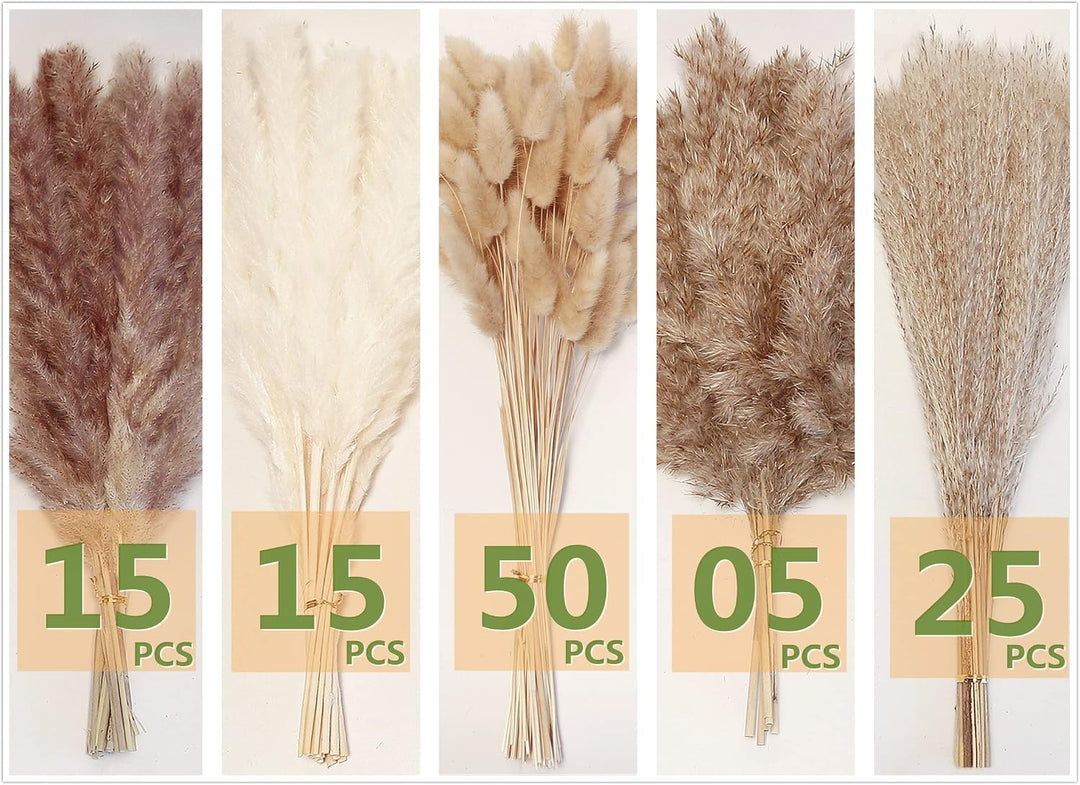 Natural Dried Pampas Grass Decor, 110 PCS Pampas Grass Contains White Bunny Tails Dried Flowers, Artificial Flowers for Bathroom Decor, Bathroom wall, Office Decor and Baby Shower Decorations