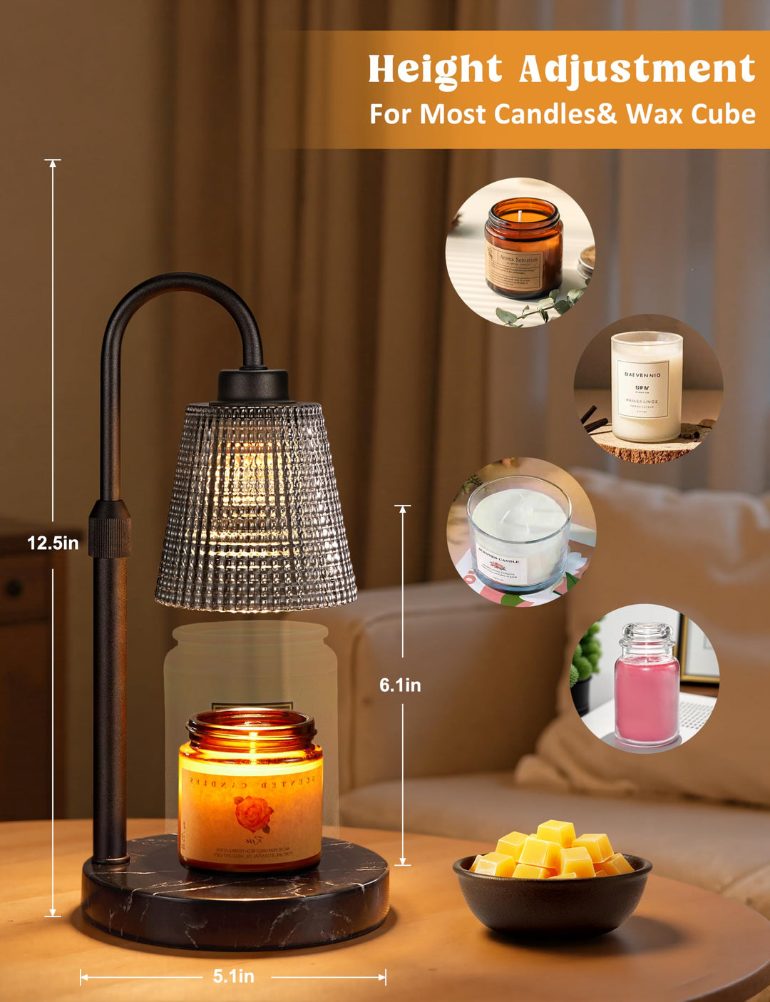 Rustic Candle Warmer Lamp with Timer, Dimmable Candle Warmer for Jar Candles, Height Adjustable Wax Melts Warmer, Birthday Gifts for Women Mom, House Warming Gifts New Home Decor