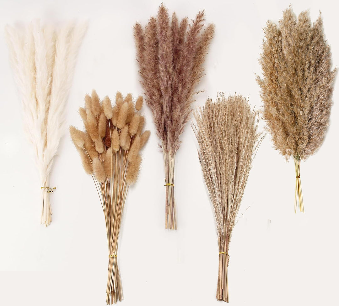 Natural Dried Pampas Grass Decor, 110 PCS Pampas Grass Contains White Bunny Tails Dried Flowers, Artificial Flowers for Bathroom Decor, Bathroom wall, Office Decor and Baby Shower Decorations