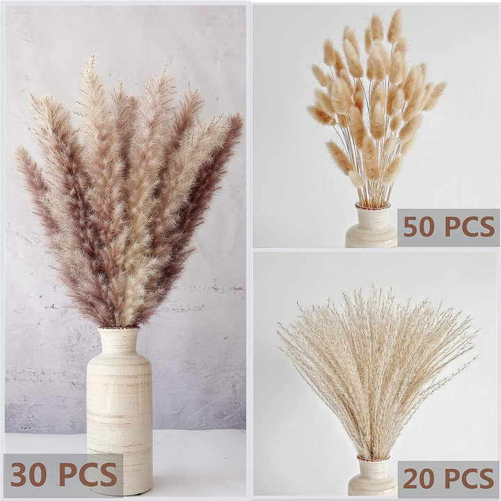 Natural Dried Pampas Grass Decor, 110 PCS Pampas Grass Contains White Bunny Tails Dried Flowers, Artificial Flowers for Bathroom Decor, Bathroom wall, Office Decor and Baby Shower Decorations
