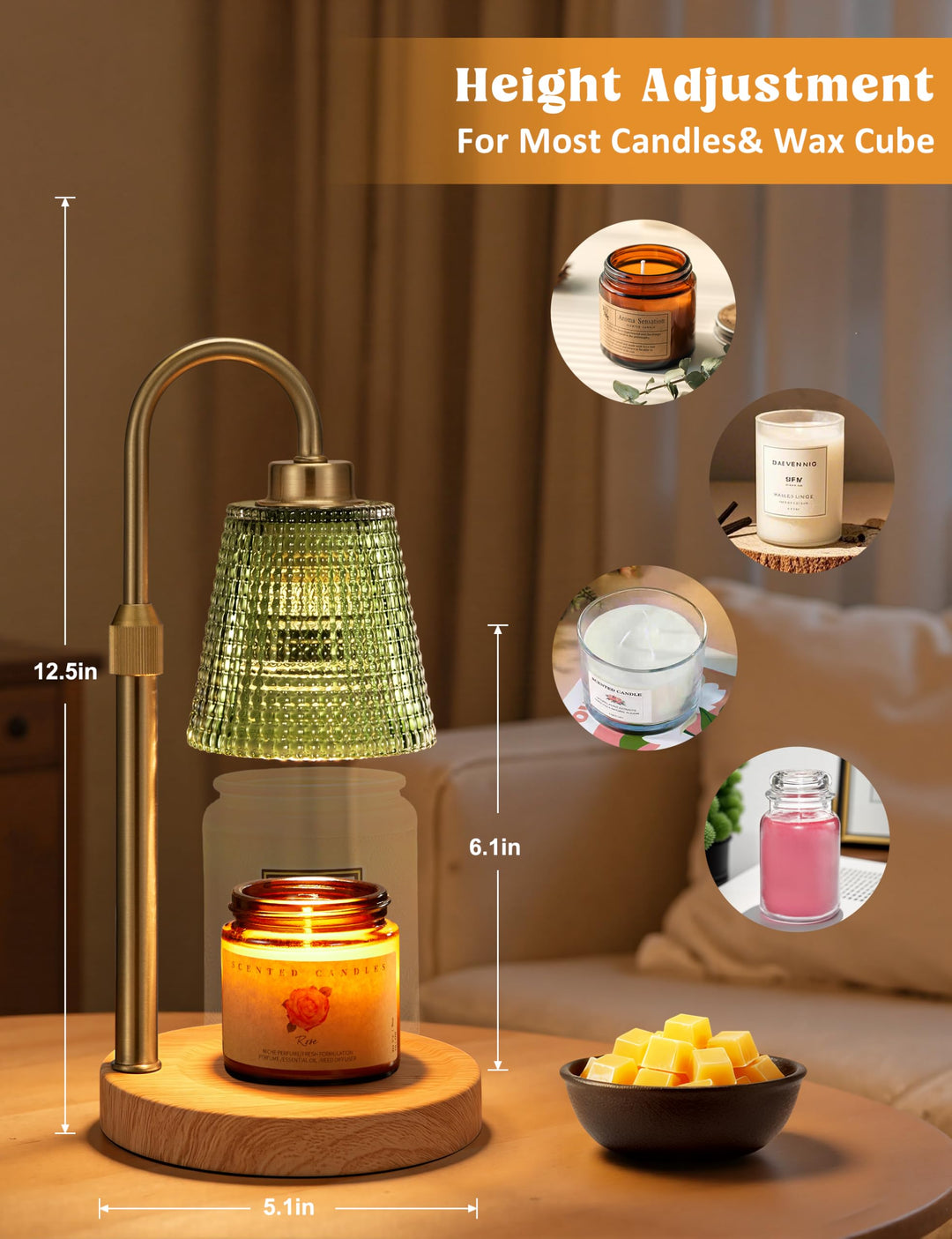 Rustic Candle Warmer Lamp with Timer, Dimmable Candle Warmer for Jar Candles, Height Adjustable Wax Melts Warmer, Birthday Gifts for Women Mom, House Warming Gifts New Home Decor