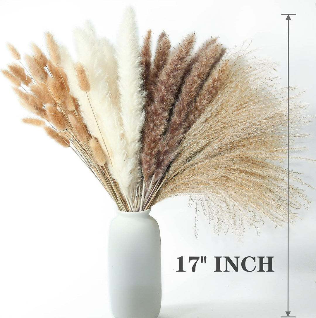 Natural Dried Pampas Grass Decor, 110 PCS Pampas Grass Contains White Bunny Tails Dried Flowers, Artificial Flowers for Bathroom Decor, Bathroom wall, Office Decor and Baby Shower Decorations