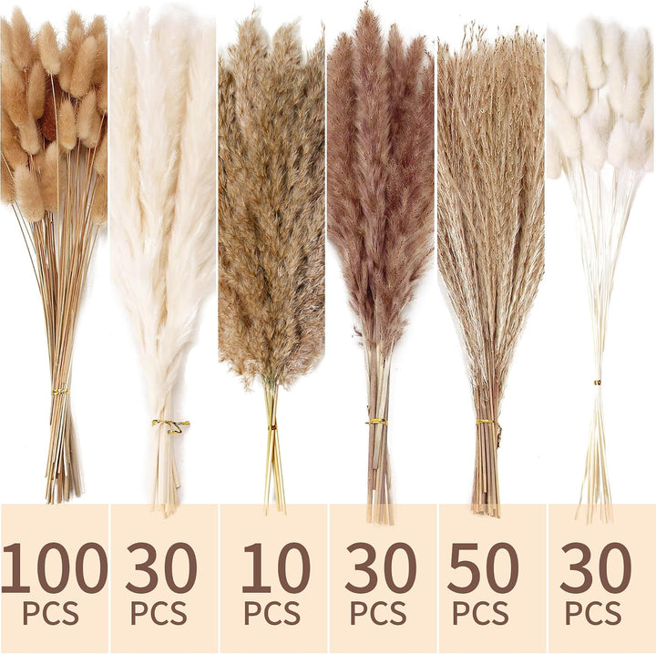 Natural Dried Pampas Grass Decor, 110 PCS Pampas Grass Contains White Bunny Tails Dried Flowers, Artificial Flowers for Bathroom Decor, Bathroom wall, Office Decor and Baby Shower Decorations