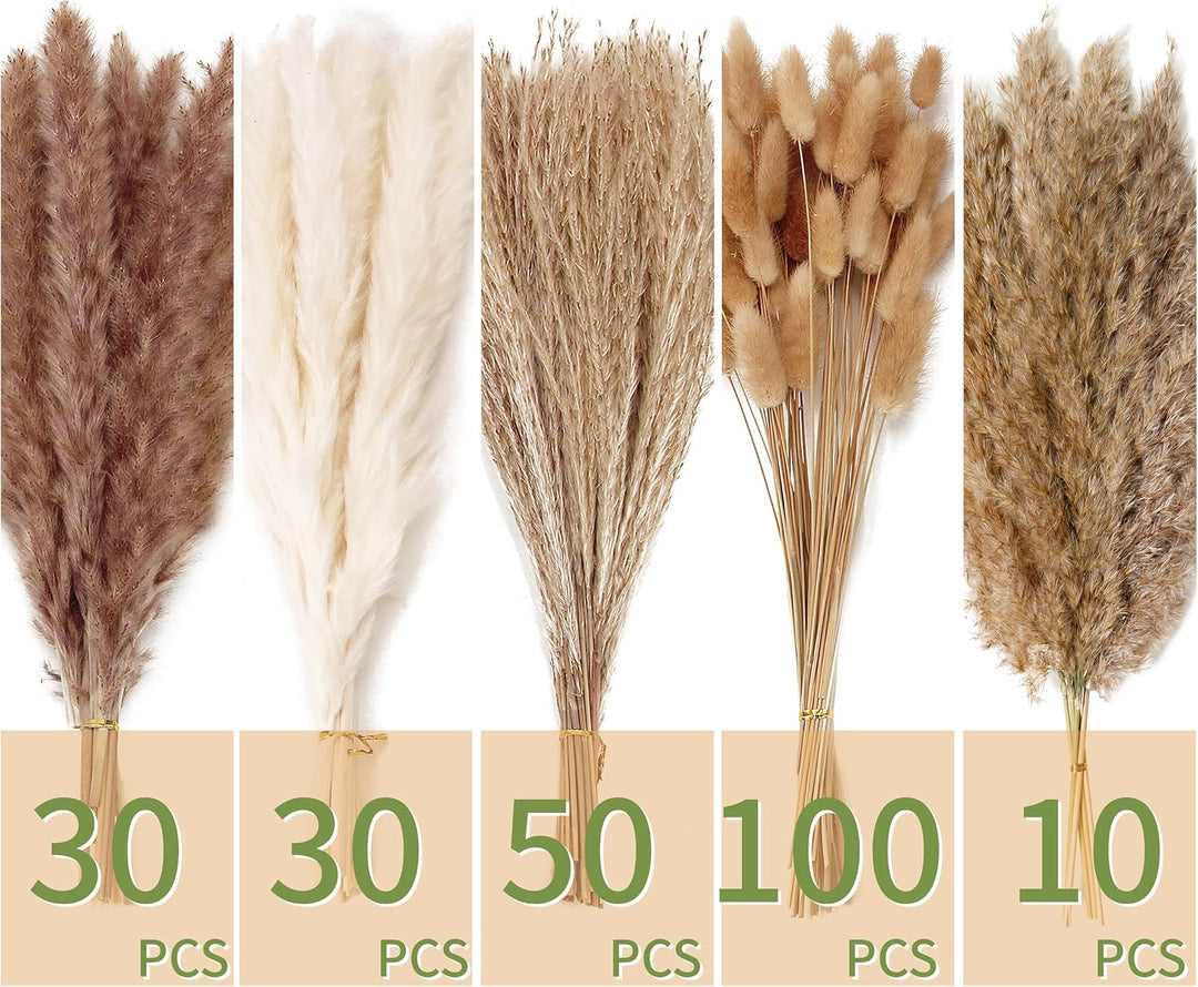 Natural Dried Pampas Grass Decor, 110 PCS Pampas Grass Contains White Bunny Tails Dried Flowers, Artificial Flowers for Bathroom Decor, Bathroom wall, Office Decor and Baby Shower Decorations