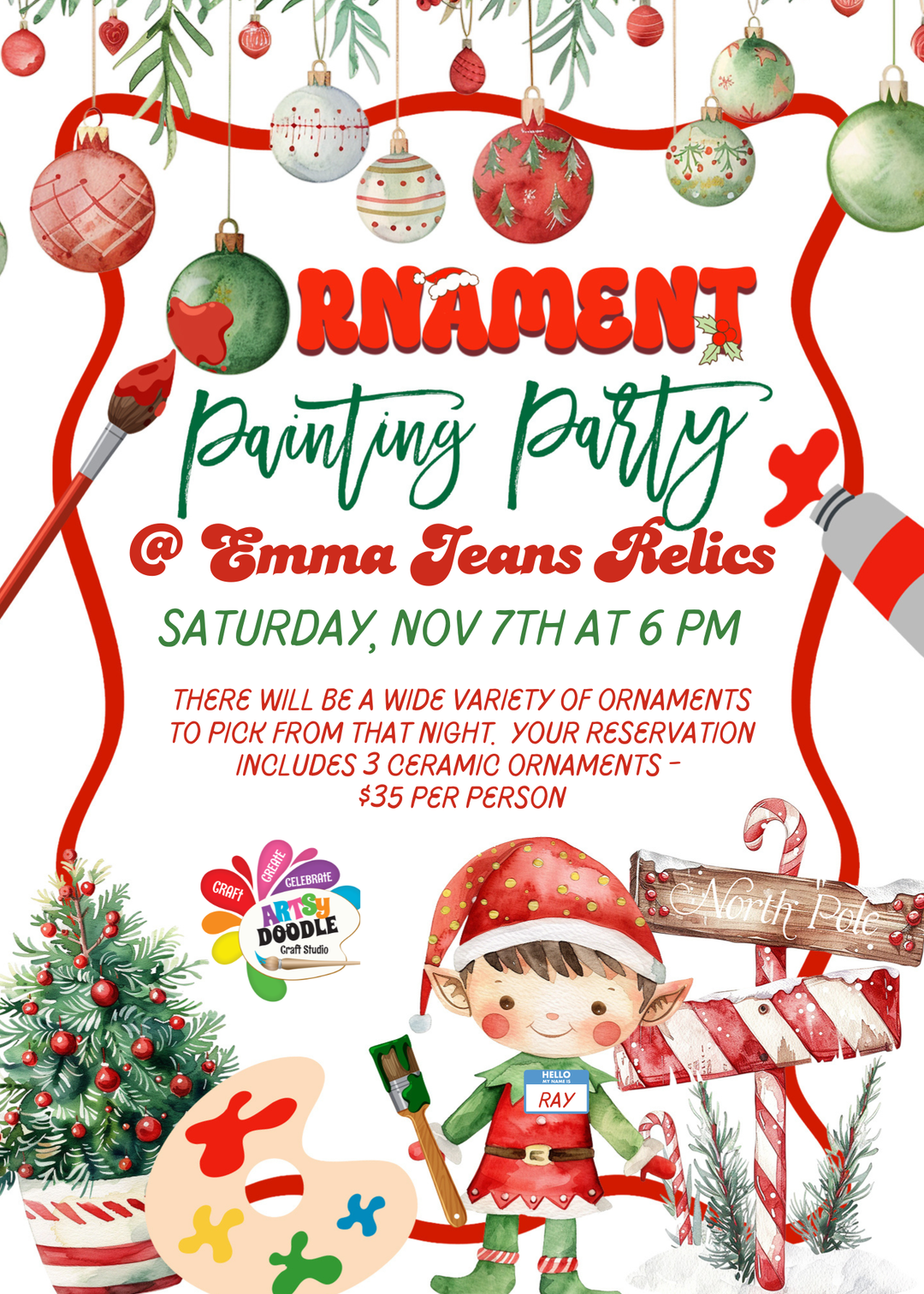 Artsy Doodle Class - Ceramic Ornaments Saturday 11/7 at 6 p.m.