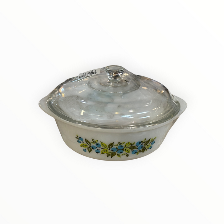 Glasbake Milk Glass Casserole Blueberry and Green Leaf