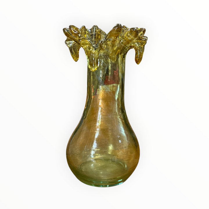 Vintage Art Glass Vase Gold Hand Blown Swirled with A Scalloped Edge