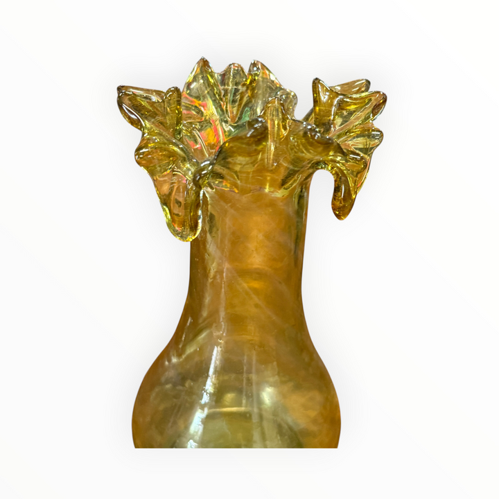 Vintage Art Glass Vase Gold Hand Blown Swirled with A Scalloped Edge