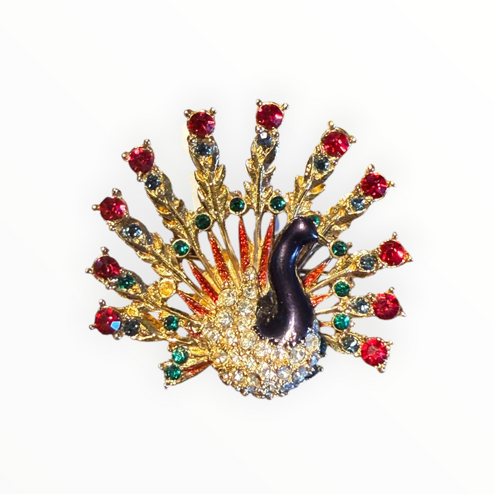 Brooch - Peacock Gold Tone Sphinx Blue Red Enamel and Red, Green and Blue Rhinestone