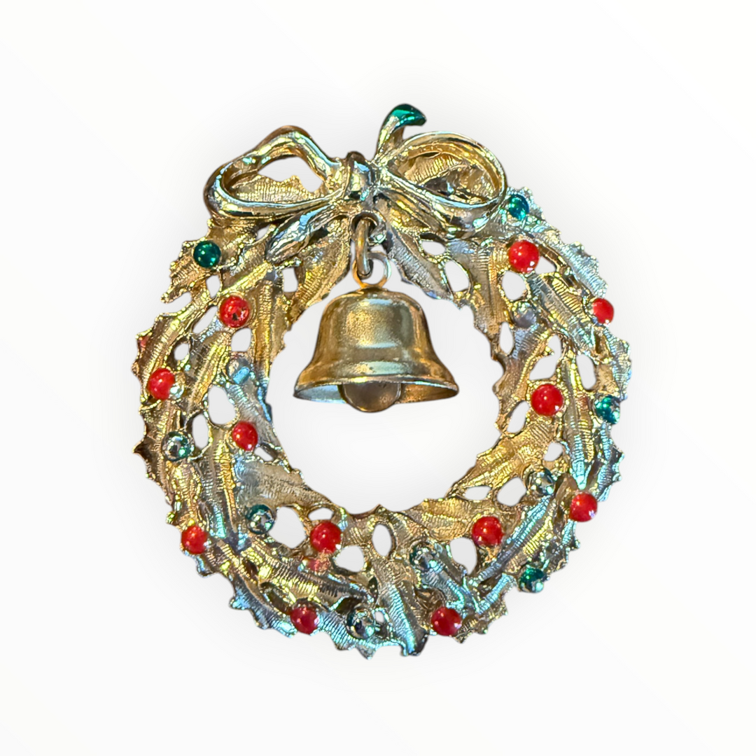 Brooch - Vintage Gold Tone Christmas Pin Red And Green Wreath with Bell Center