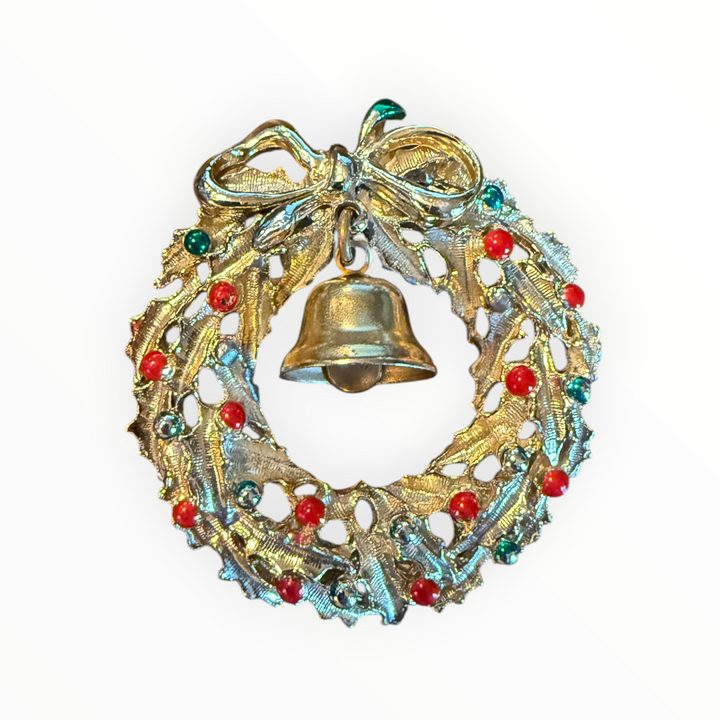 Brooch - Vintage Gold Tone Christmas Pin Red And Green Wreath with Bell Center
