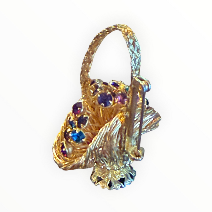 Brooch - Vintage Gold Tone Spaghetti Wired Metal Flower Basket Brooch Pin Rhinestones
