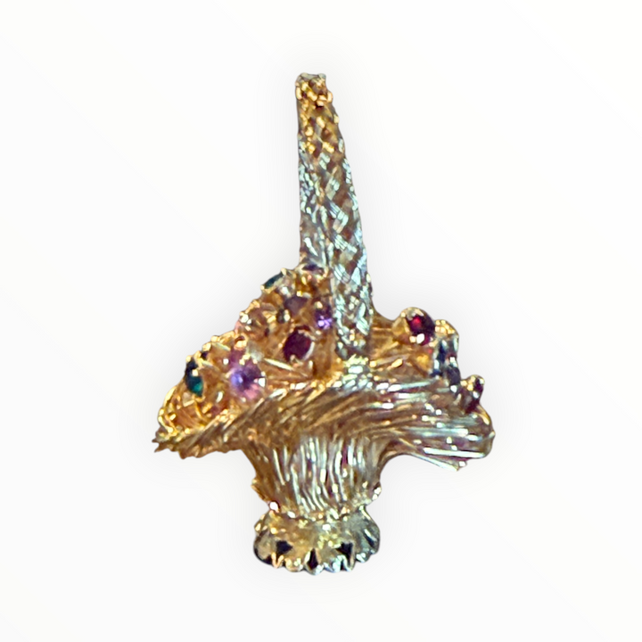 Brooch - Vintage Gold Tone Spaghetti Wired Metal Flower Basket Brooch Pin Rhinestones