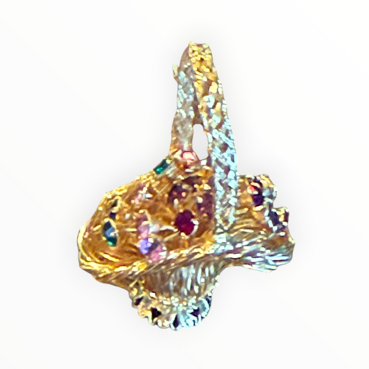 Brooch - Vintage Gold Tone Spaghetti Wired Metal Flower Basket Brooch Pin Rhinestones
