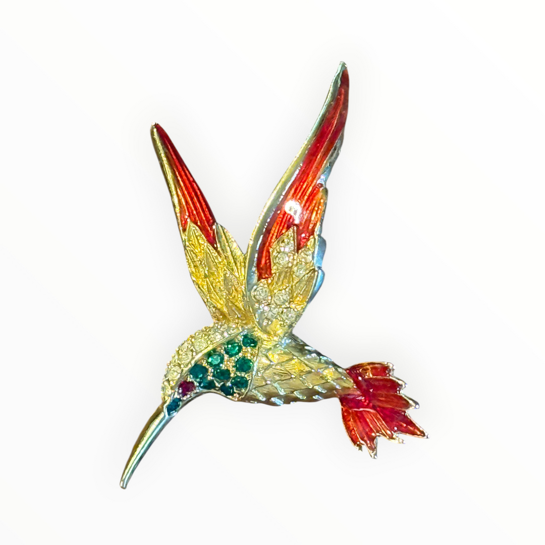 Brooch - Vintage Hummingbird Brooch, Gold tone with Rhinestones Flying Bird Pin Brooch