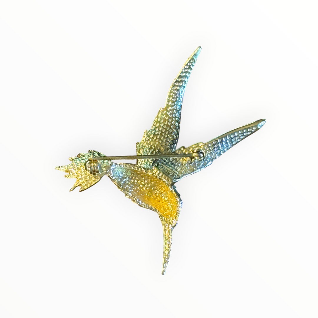 Brooch - Vintage Hummingbird Brooch, Gold tone with Rhinestones Flying Bird Pin Brooch