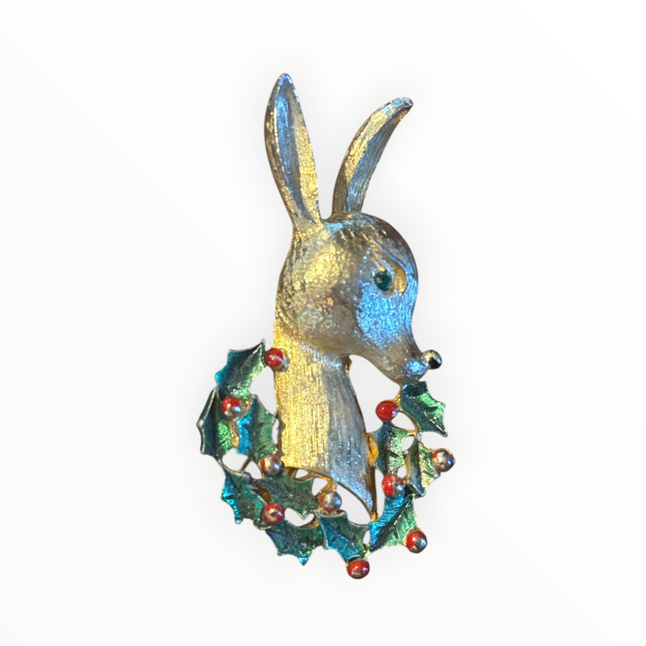 Brooch - Vintage Christmas Wreath Deer Holly Rhinestone Brooch