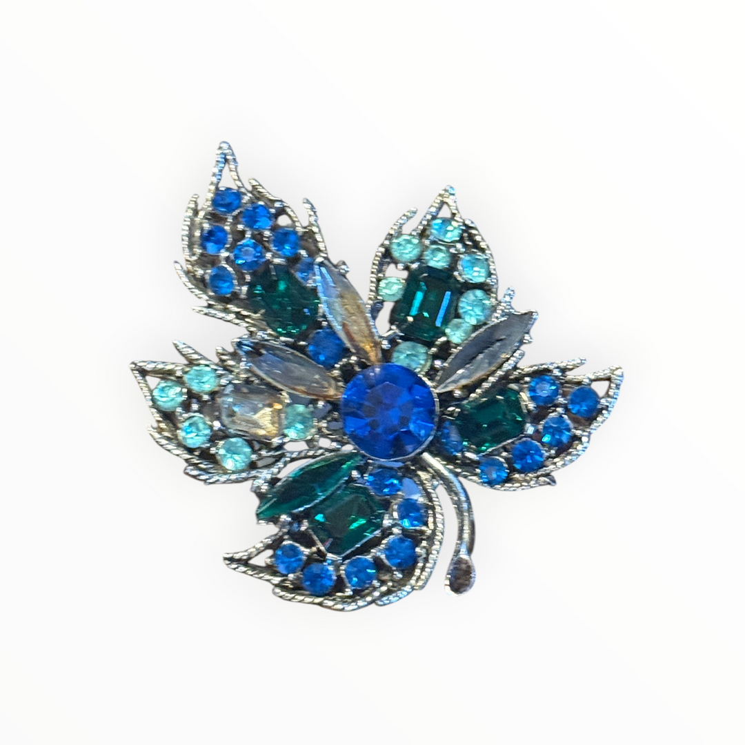 Brooch - Maple Leaf Blue Green Navette &amp; Rhinestone Vintage Silver Brooch