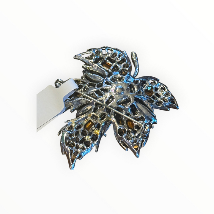 Brooch - Maple Leaf Blue Green Navette &amp; Rhinestone Vintage Silver Brooch