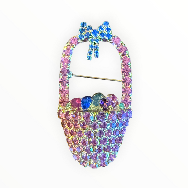 Brooch - Vintage Signed Bauer Rhinestone Easter Basket With Bow Brooch