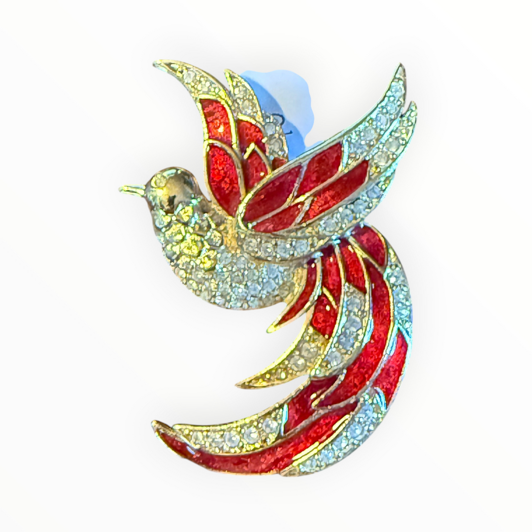 Brooch -  Vintage Rhinestone Red Enamel Bird Brooch Pin Signed Giorgio Gold Tone