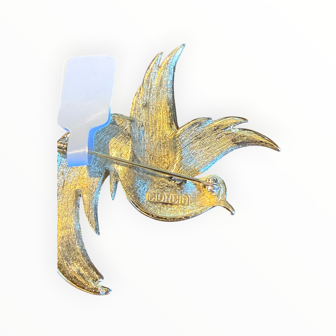Brooch -  Vintage Rhinestone Red Enamel Bird Brooch Pin Signed Giorgio Gold Tone
