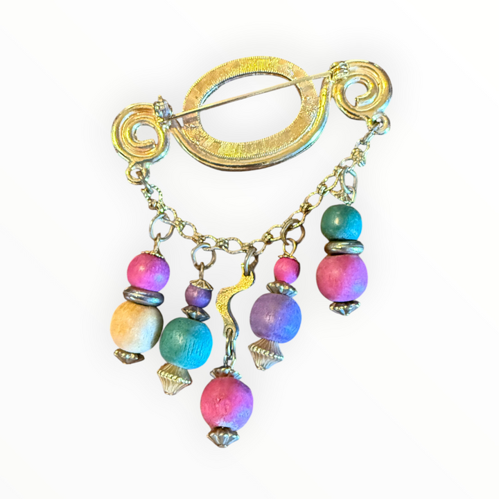 Brooch -  Vintage 1990s Wooden Bead Dangle Brooch