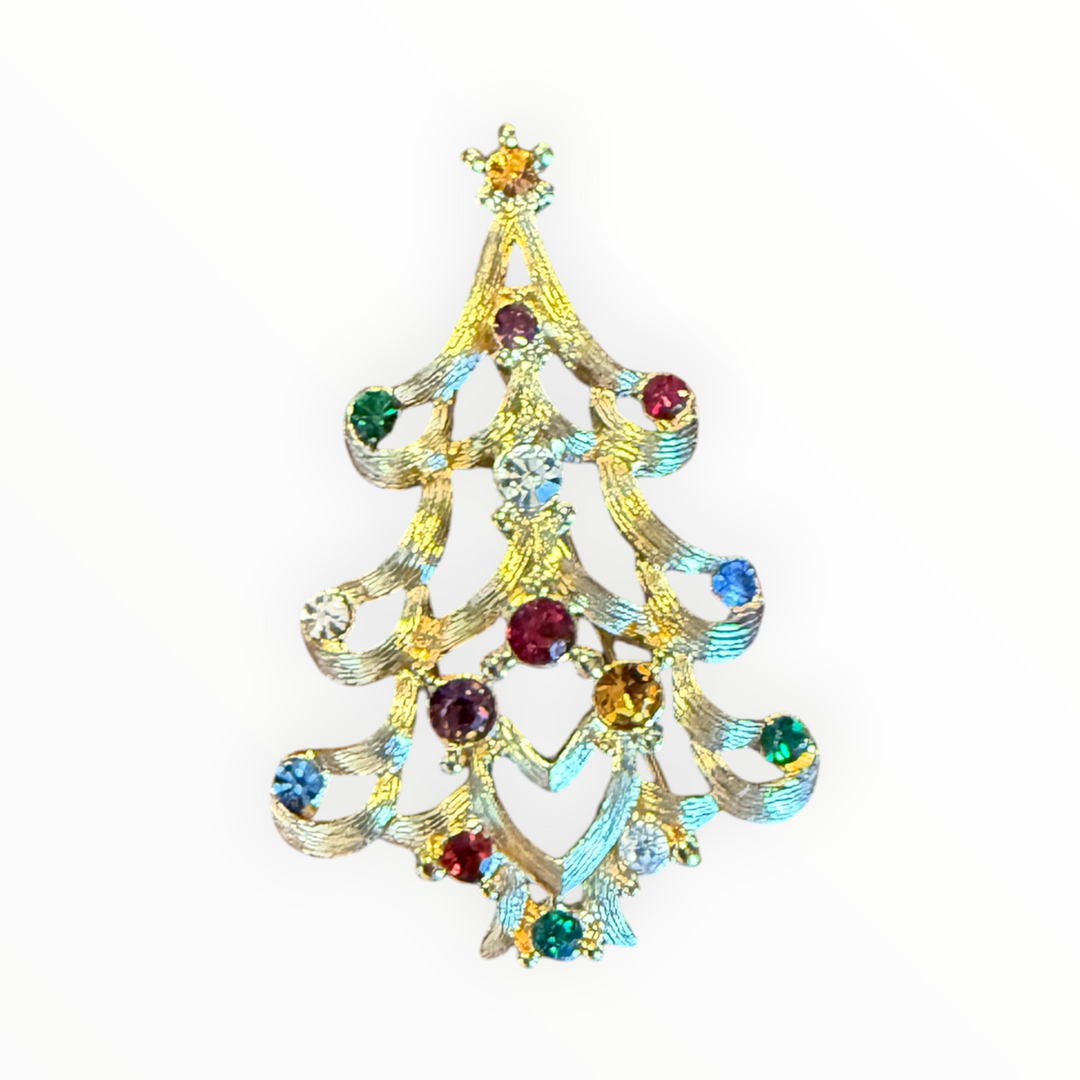 Brooch -  Monet Gold Tone Multi Color Rhinestone Christmas Tree