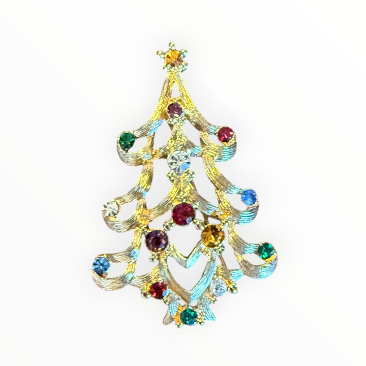 Brooch -  Monet Gold Tone Multi Color Rhinestone Christmas Tree