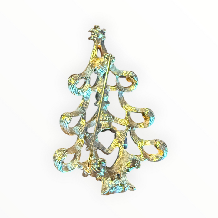 Brooch -  Monet Gold Tone Multi Color Rhinestone Christmas Tree