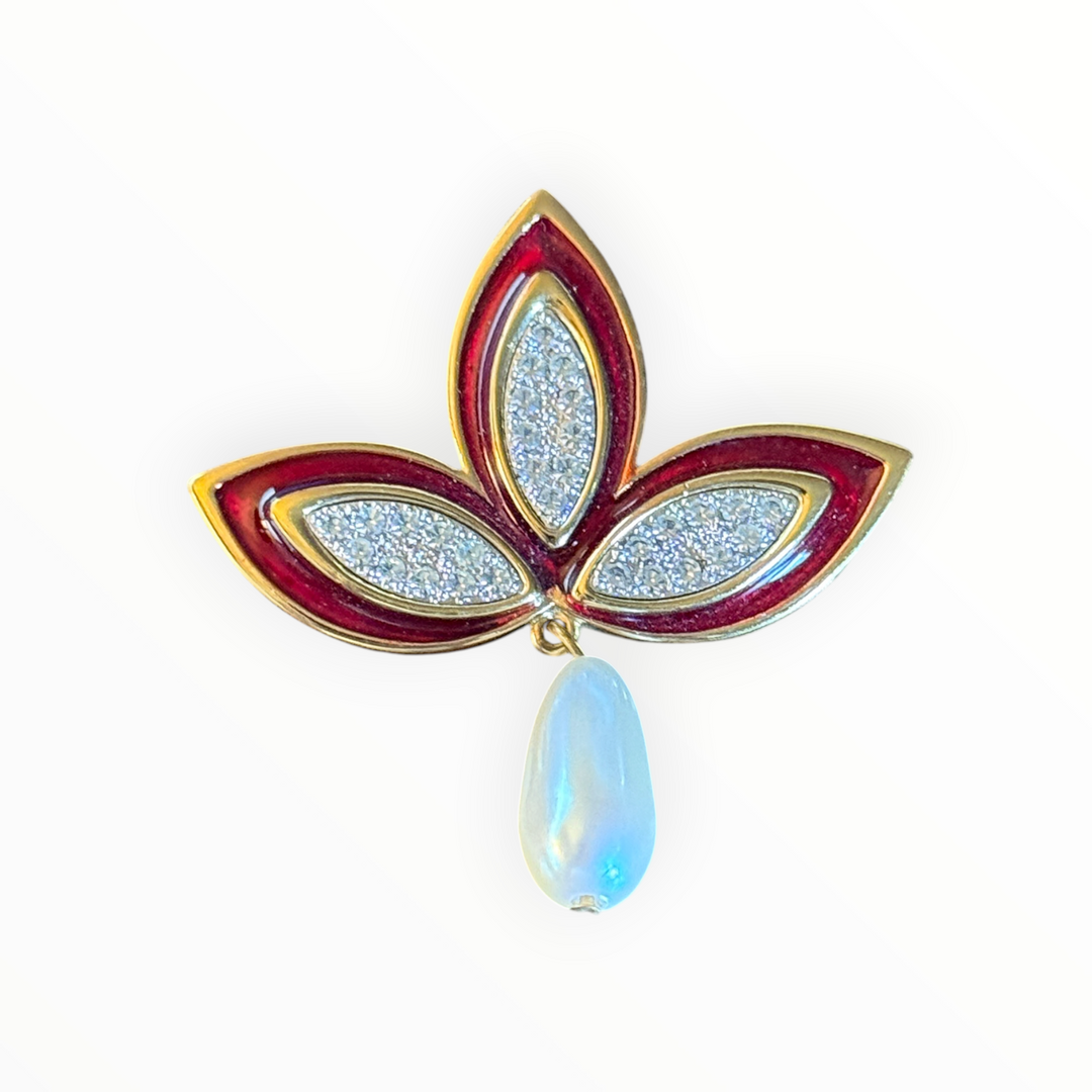 Brooch - Vintage Monet Brooch: Red Enamel, Faux Pearl &amp; Rhinestone
