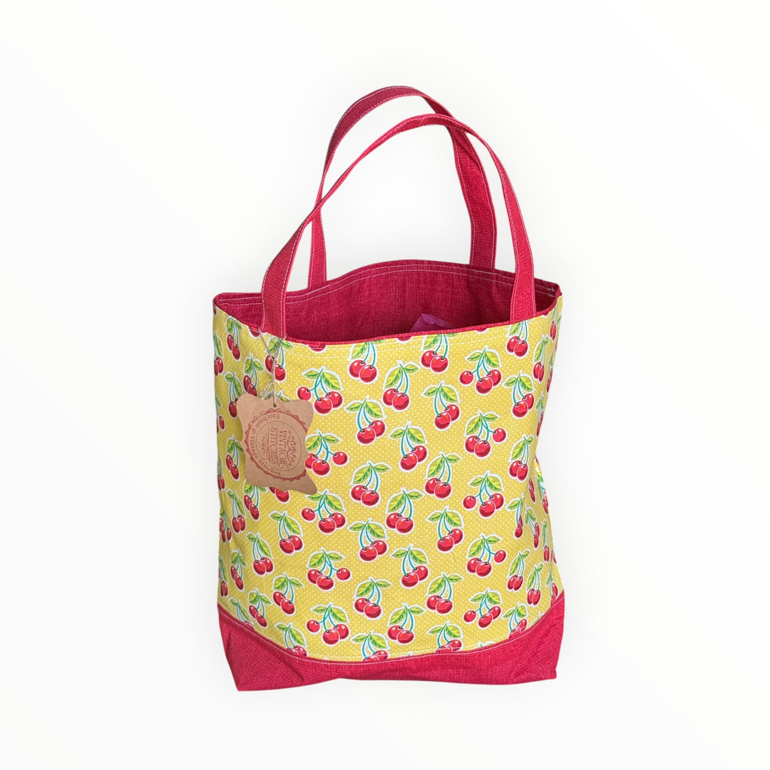 Vintage Stitches Tote Bag - Cherries on Yellow