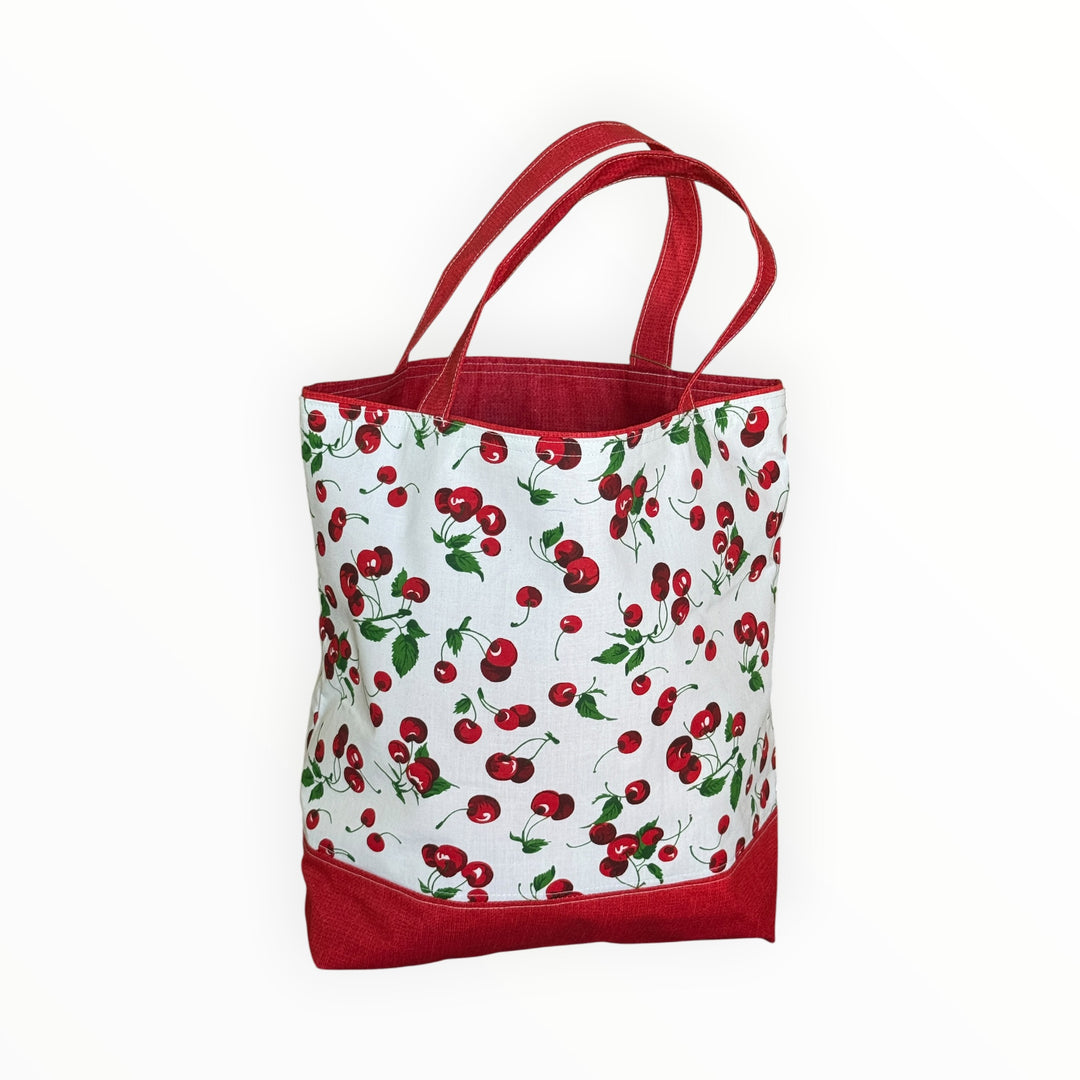 Vintage Stitches Tote Bag - Cherries on White