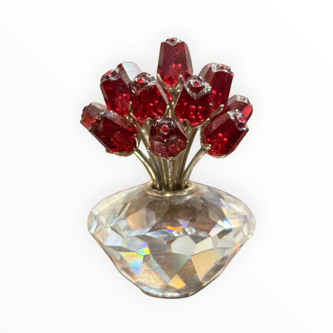 2002 Swarovski Crystal Red Vase Of 15 Red Rose Flowers