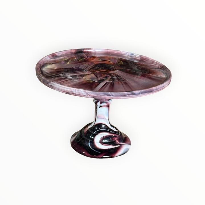 Vintage Slag Glass Cake Stand - Purple &amp; White Marbleized Swirl