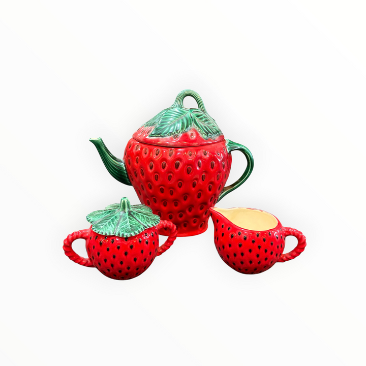 Handmade Ceramic Strawberry Teapot w/ Creamer and Sugar