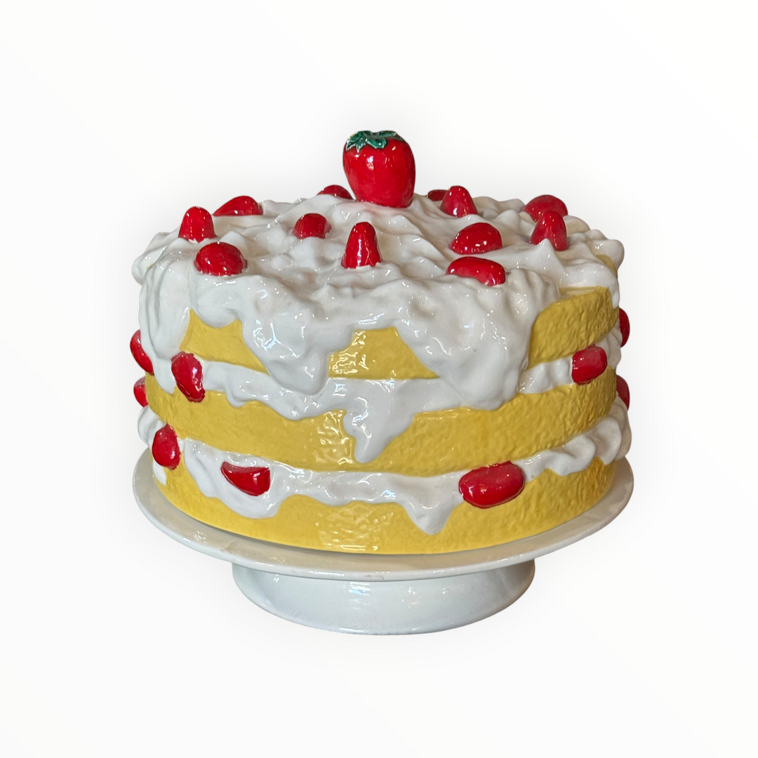 Vintage Ceramic Strawberry Shortcake Pedestal Cake Plate &amp; Dome
