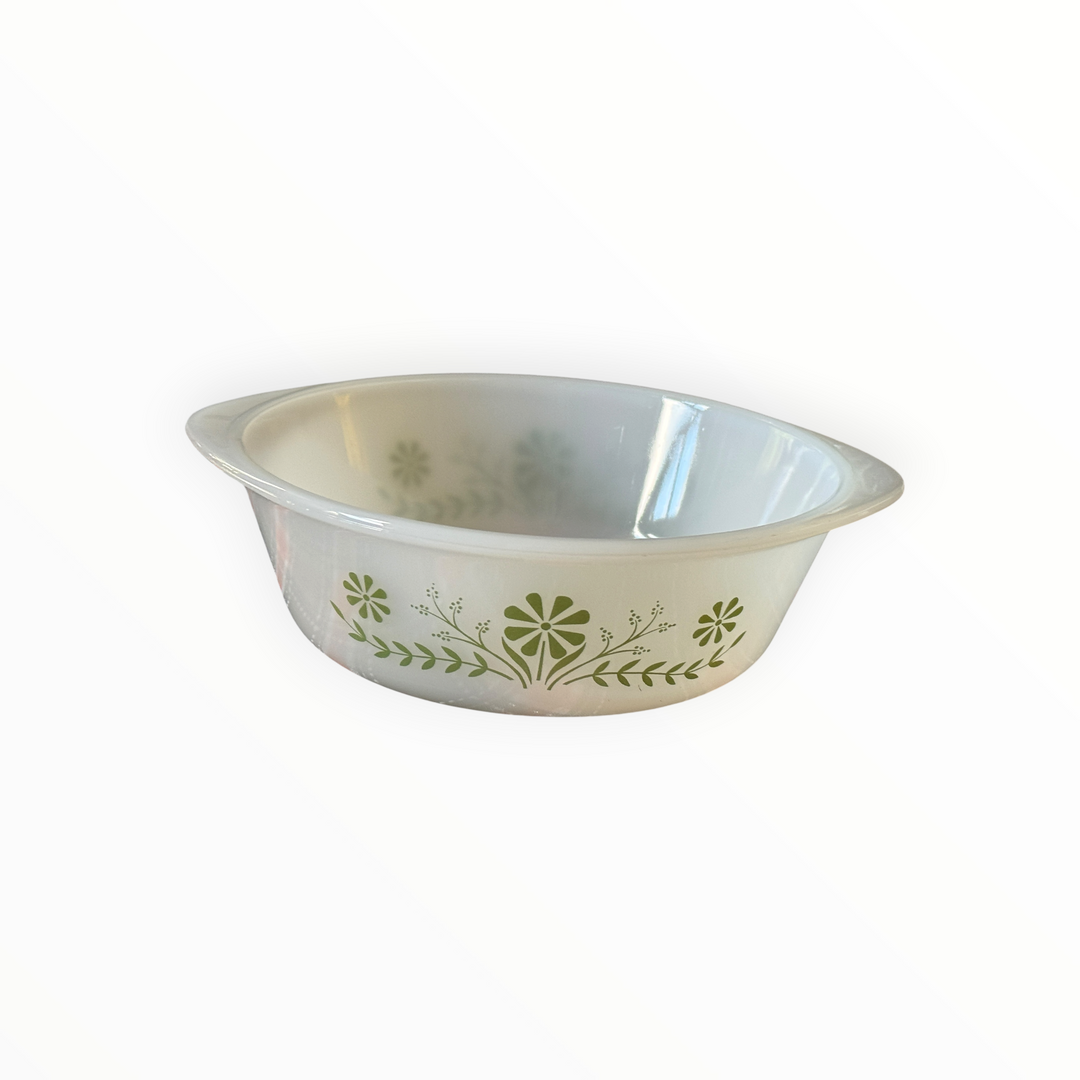 Glasbake Baking Dish, White Bowl with Olive Flowers, 1 1/2 Qt
